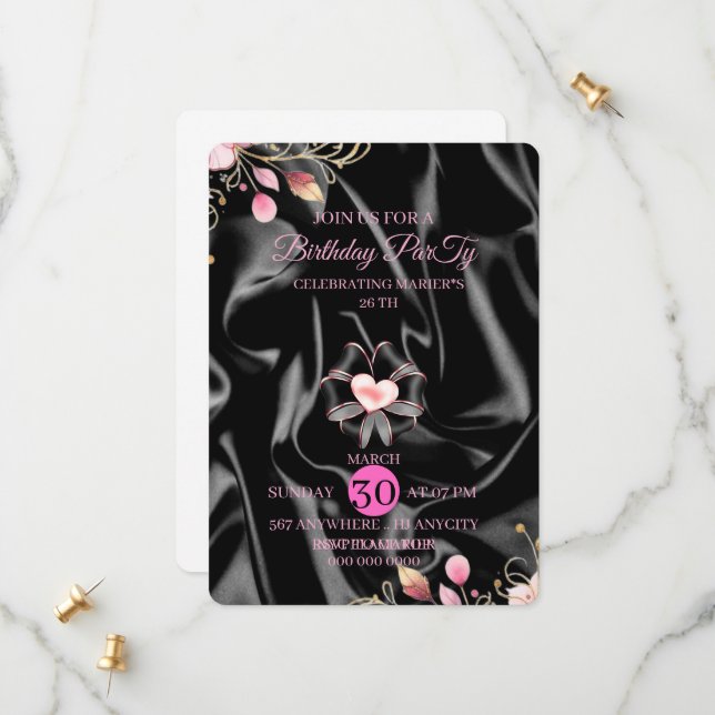 Convite de Aniversário de Luxo Rosa e Dourado 26 c (Frente/Verso In Situ)
