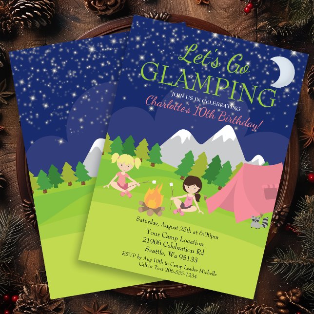 Convite de aniversário de Luz de Garota (Cute Girl Glamping Birthday Party Invitation)