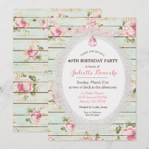 Convite de Aniversário de Madeira Floral Shabby Ch