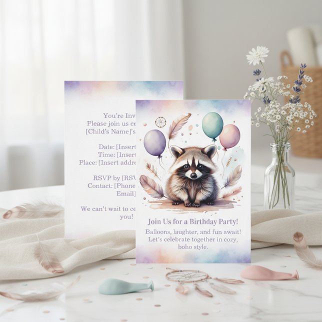 Convite de Aniversário de Mapache Fofo Boho Flores (Cute Raccoon Birthday Invitation Woodland Boho)