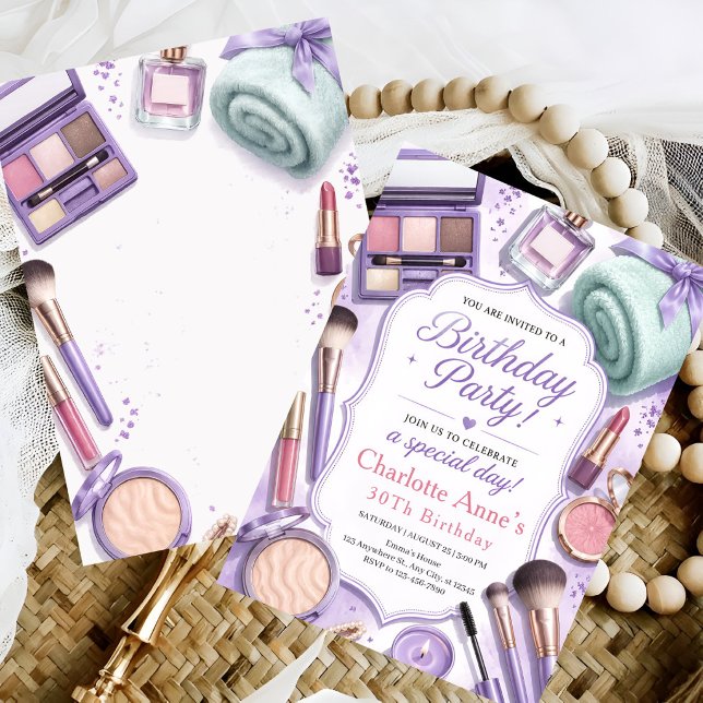 Convite de Aniversário de Maquiagem Glam Lavanda (Criador carregado)