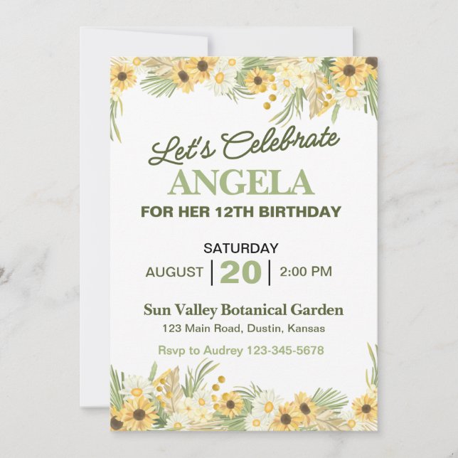 Convite de aniversário de margarida amarela bonito (Frente)