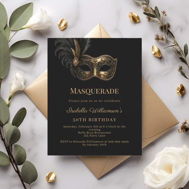 Convite de aniversário de Mascarada ouro preto (Criador carregado)
