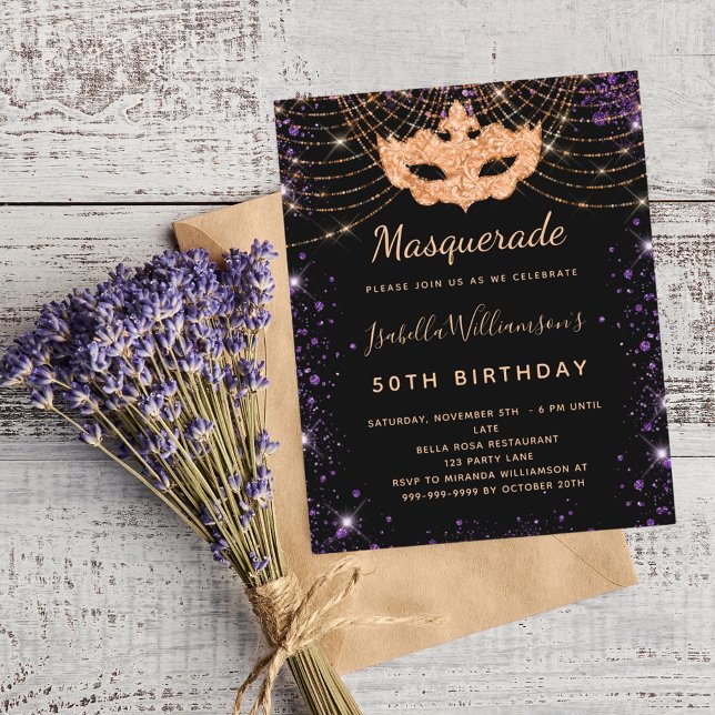 Convite de aniversário de mascarada preto-roxo (Criador carregado)