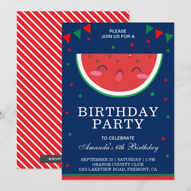 Convite de Aniversário de Melancia Pequenina Fofa (Frente/Verso)