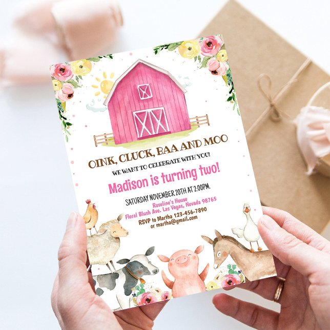 Convite de Aniversário de Menina Animais da Fazend (Criador carregado)