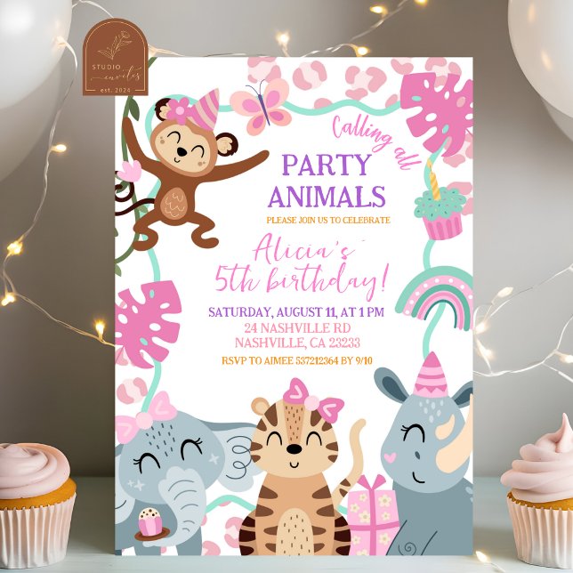 Convite de aniversário de menina, animais do safar (Criador carregado)