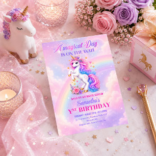 Convite de Aniversário de Menina Arco-Íris Unicórn