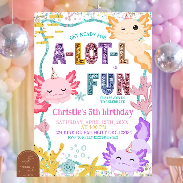 Convite de aniversário de menina Axolotl com brilh (Criador carregado)
