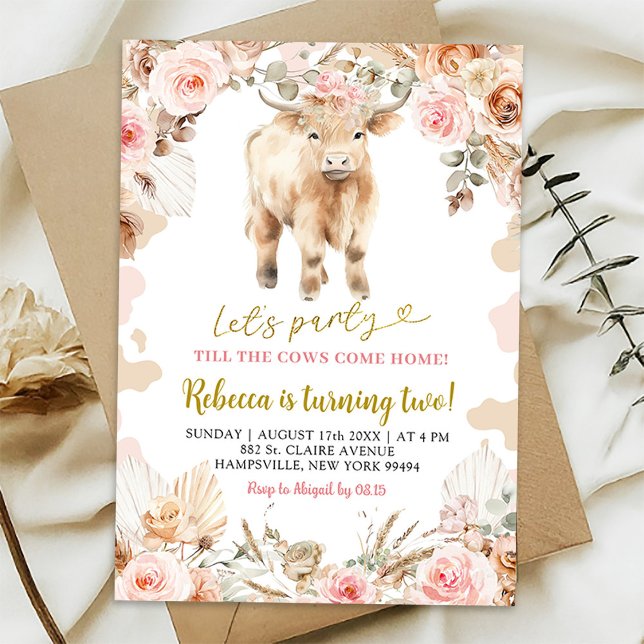 Convite de Aniversário de Menina Boho Highland Cow (Criador carregado)