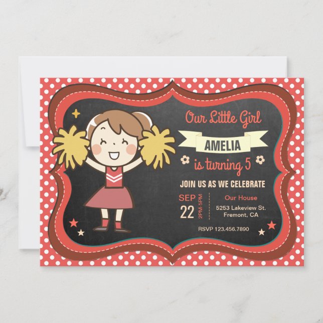 Convite de Aniversário de Menina Cheerleader Fofa (Frente)