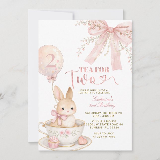 Convite de Aniversário de Menina Coelho com Laço R (Frente)