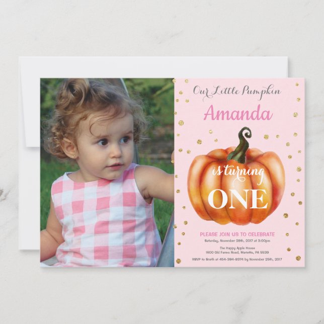 Convite de Aniversário de Menina com Abóbora de Ou (Frente)