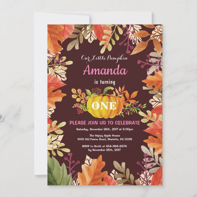 Convite de Aniversário de Menina com Abóbora de Ou (Frente)