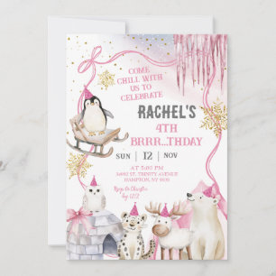 Convite de Aniversário de Menina com Animais Ártic
