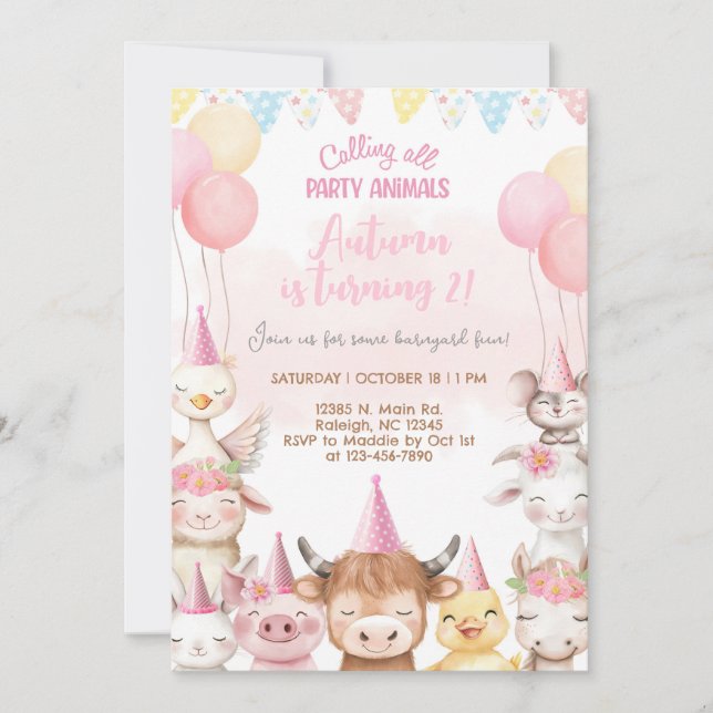 Convite de aniversário de menina com animais da fa (Frente)