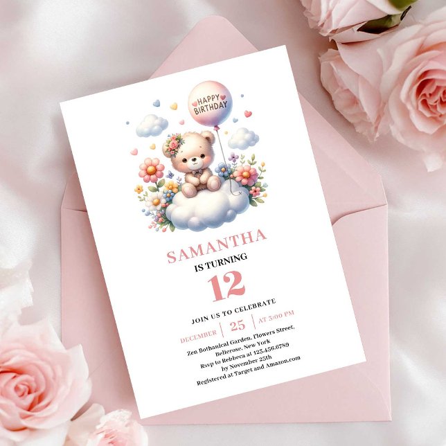 Convite de aniversário de menina com balão de urso (Playful teddy bear balloon girl birthday invitation

)