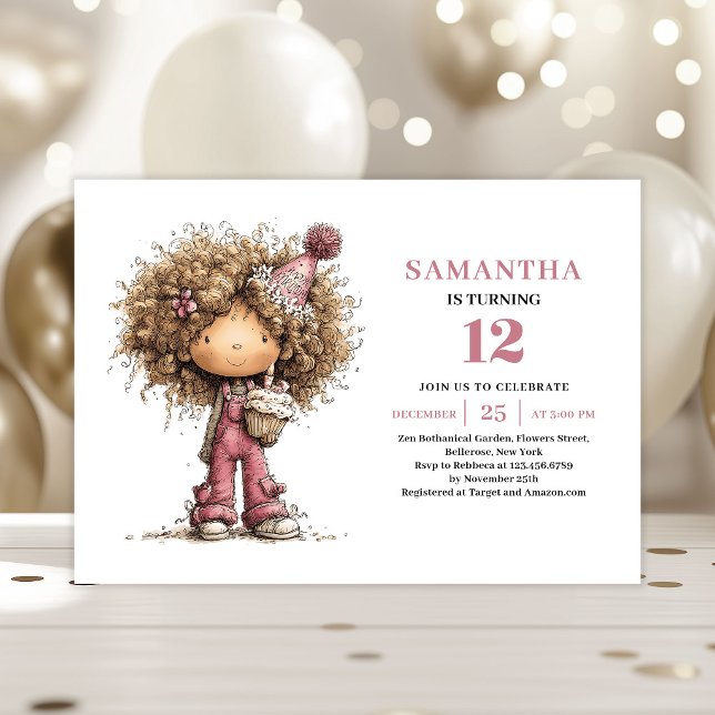 Convite de Aniversário de Menina com Charme e Fant (Cute Whimsy Girl Birthday Invitation Printable Design)
