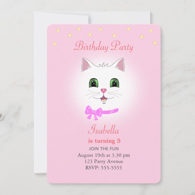 Convite de Aniversário de Menina com Gato e Estrel (Frente)
