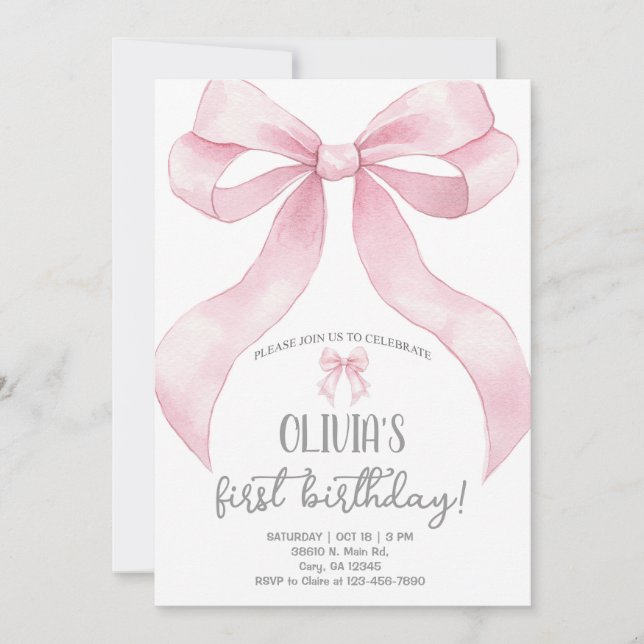 Convite de aniversário de menina com laço coquete  (Frente)