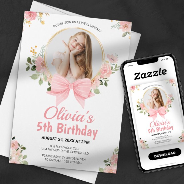 Convite de Aniversário de Menina com Laço Floral R (Criador carregado)