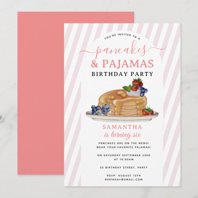 Convite de Aniversário de Menina com Pancakes Pija (Frente/Verso)