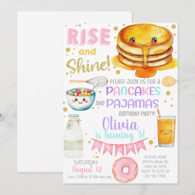 Convite de aniversário de menina com panquecas e p (Frente/Verso)