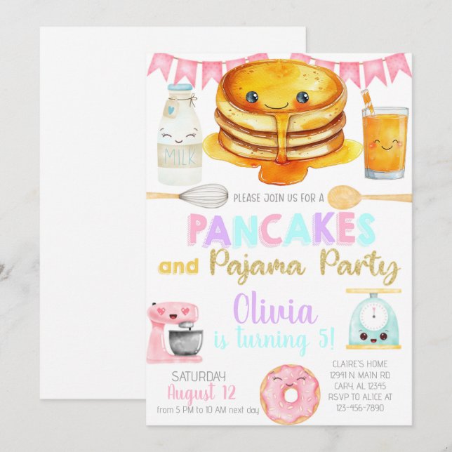 Convite de aniversário de menina com panquecas e p (Frente/Verso)