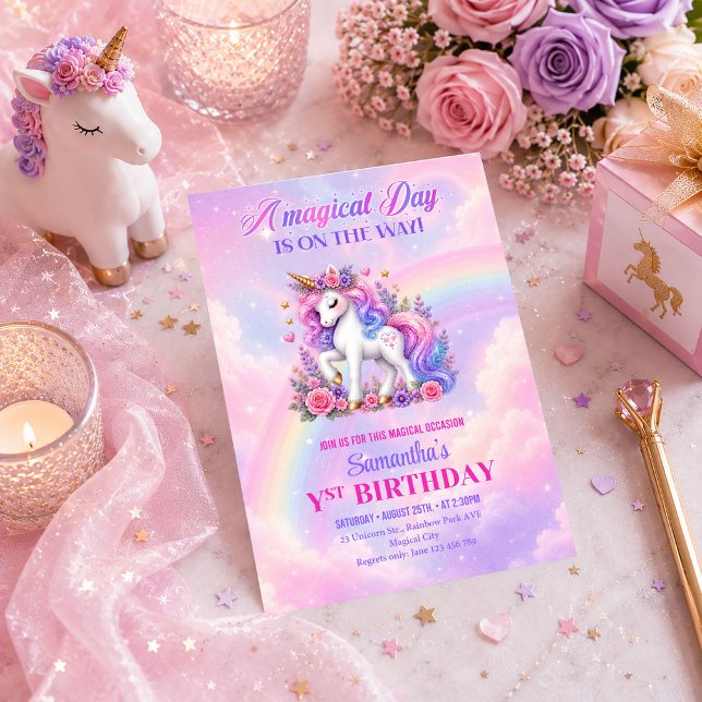 Convite de Aniversário de Menina com Unicórnio Pas (Cute Pastel Unicorn Girl Birthday Party Invitation)
