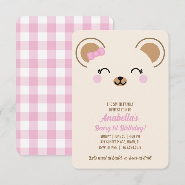 Convite de Aniversário de Menina com Urso Teddy pa (Frente/Verso)