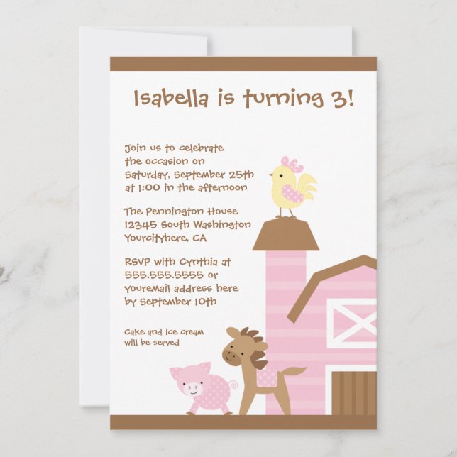 Convite de aniversário de menina de animais de faz (Frente)