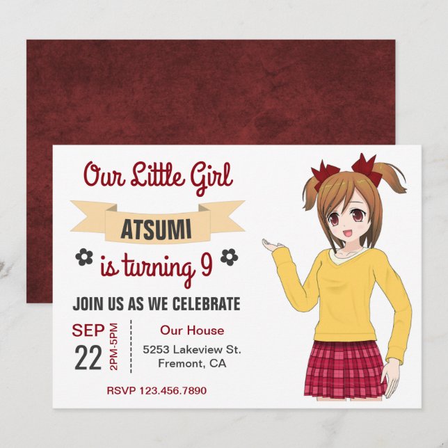 Convite de Aniversário de Menina de Anime Japonês  (Frente/Verso)