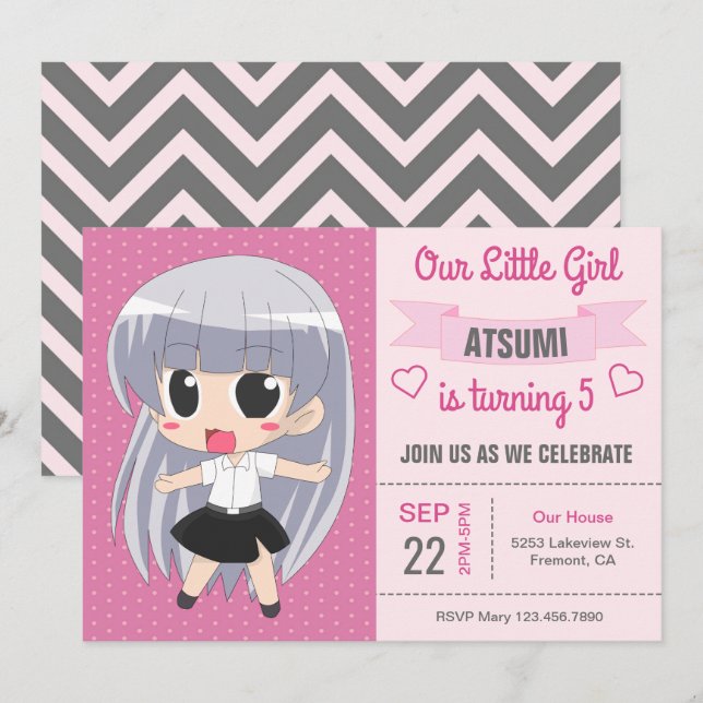Convite de Aniversário de Menina de Anime Japonês  (Frente/Verso)