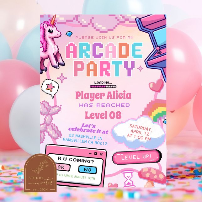 Convite de Aniversário de Menina de Jogo de Arcade (Criador carregado)