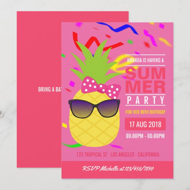 Convite de Aniversário de Menina de Verão Tropical (Frente/Verso)
