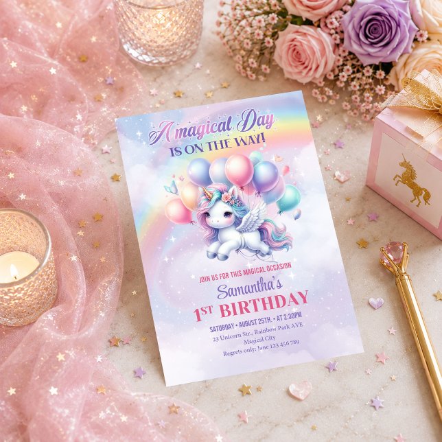 Convite de Aniversário de Menina Dia Mágico Unicór (Whimsical Unicorn Magical Day Girl Birthday Invitation

)
