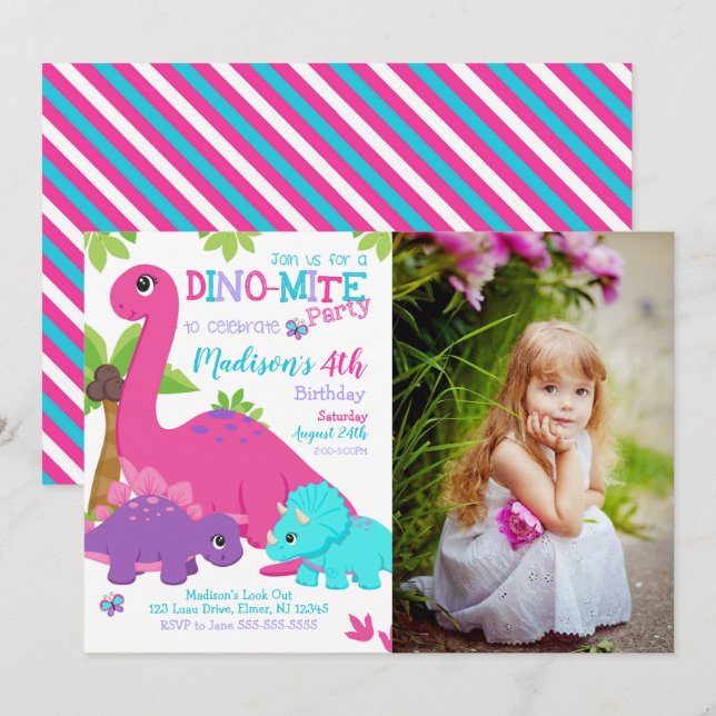 Convite de Aniversário de Menina Dinossauro Festa  (Frente/Verso)