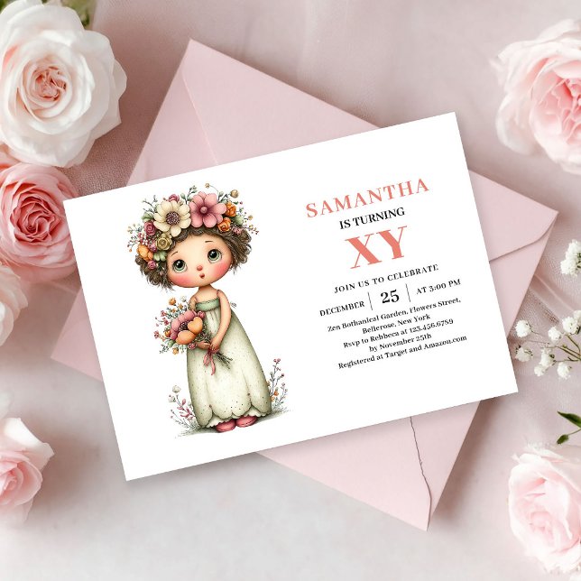 Convite de Aniversário de Menina Fada Caprichosa F (Whimsical Fairy Girl Birthday Pastel Floral invitation)