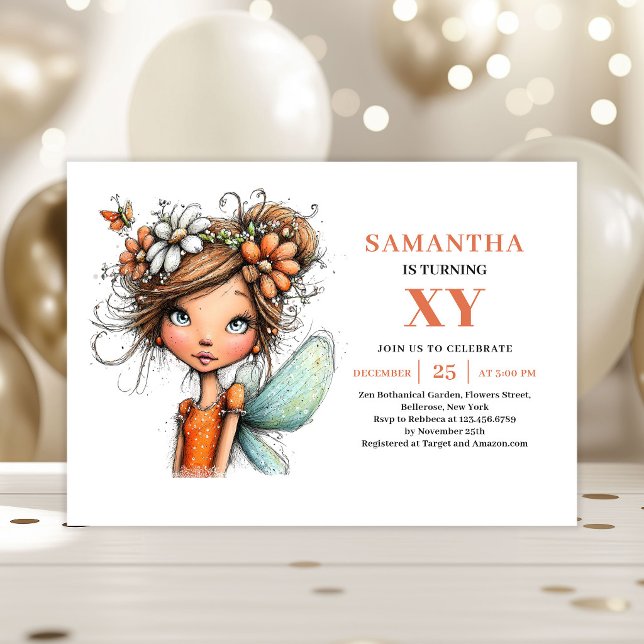 Convite de Aniversário de Menina Fada Encantadora  (Whimsical Beautiful Fairy Girl Birthday Invitation)