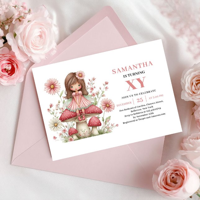 Convite de Aniversário de Menina Fada Fofa com Flo (Cute Fairy Girl Birthday Pink Flowers Invitation)