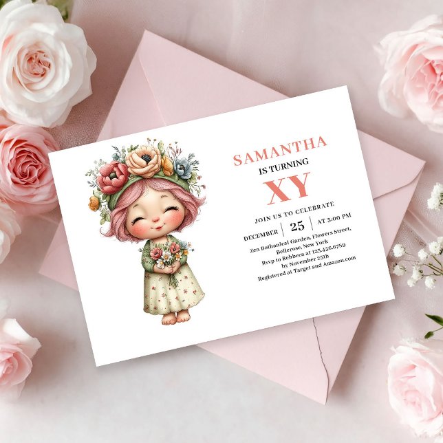 Convite de aniversário de menina fada fofa com ros (Cute Fairy Girl Birthday Magical Pink Blush invitation)