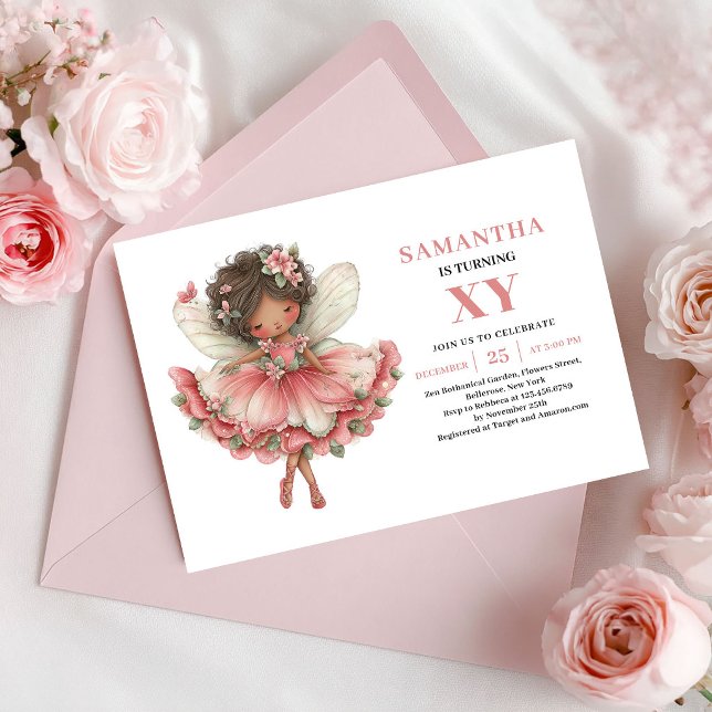 Convite de Aniversário de Menina Fada Rosa Pastel  (Fairy Girl Birthday Pastel Pink Floral Invitation)