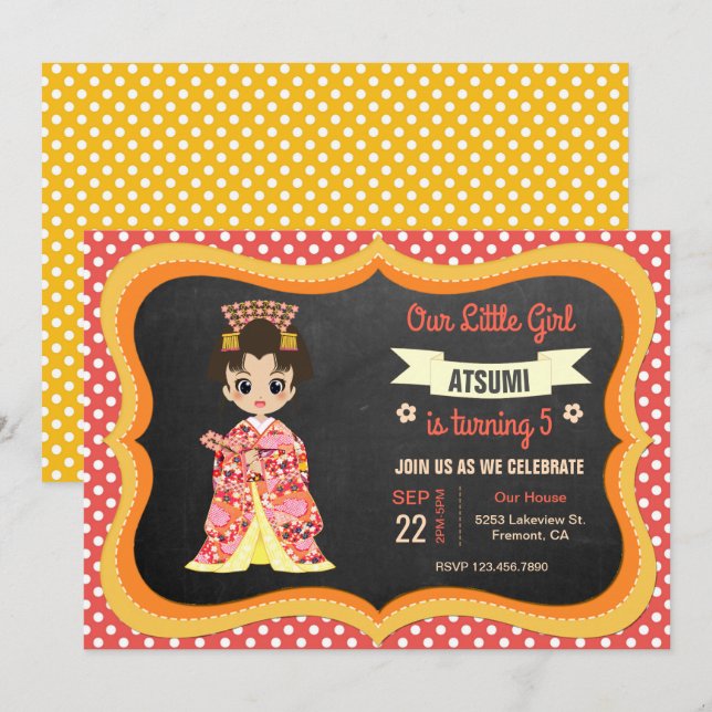 Convite de Aniversário de Menina Japonesa com Kimo (Frente/Verso)