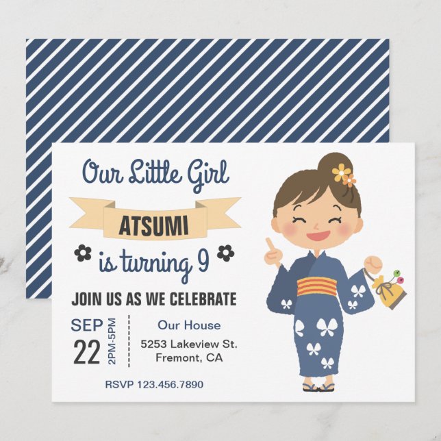 Convite de Aniversário de Menina Japonesa com Quim (Frente/Verso)