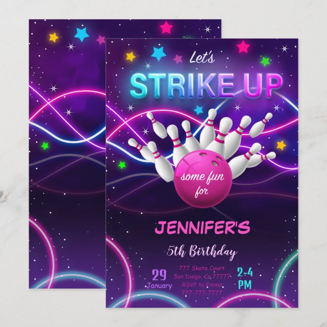 Convite de Aniversário de Menina Jogando Boliche (Frente/Verso)