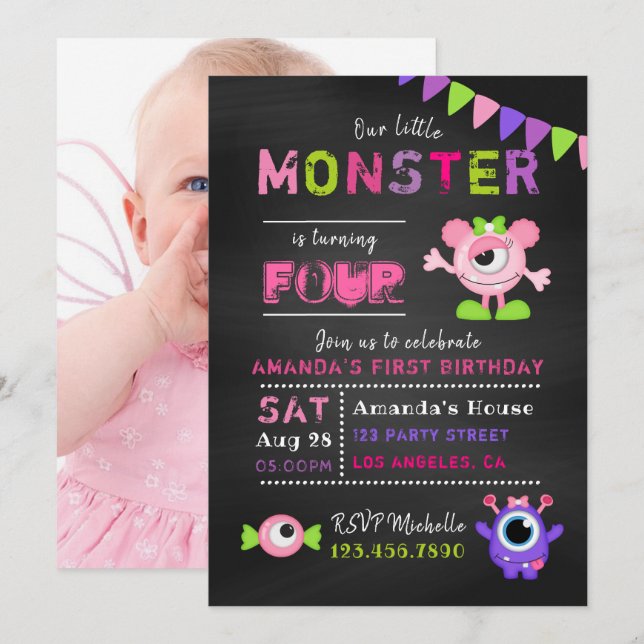 Convite de Aniversário de Menina Monstrinho de Qua (Frente/Verso)