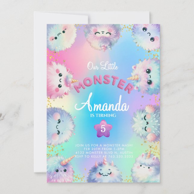 Convite de aniversário de menina monstro fofa (Frente)