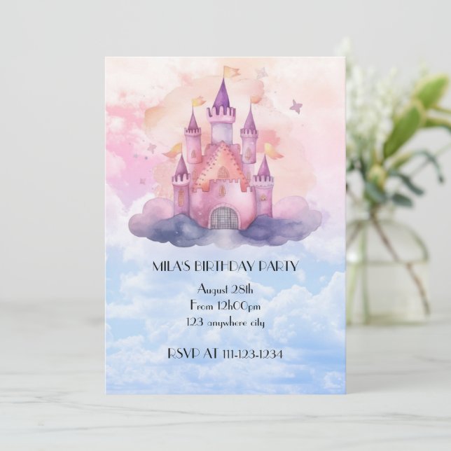 convite de aniversário de menina para castelo de p (Em pé/Frente)