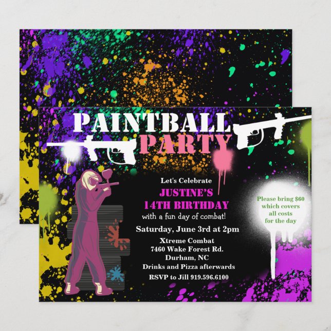 Convite de Aniversário de Menina para Paintball Fe (Frente/Verso)