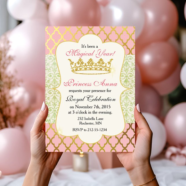 Convite de Aniversário de Menina Princesa Rosa e D (Criador carregado)